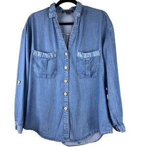 Haute Monde Top Womens Small Blue Chambray Collared Relaxed Fit Shirt Feminine